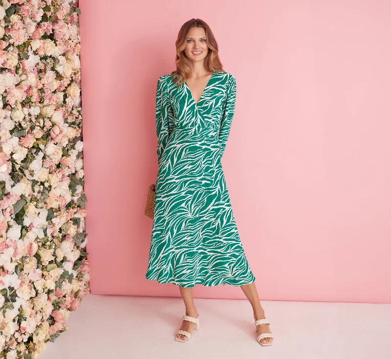 Strapless Women Dress with a Built - in Bra for Comfort and SupportPrinted Faux Wrap Dress With Bishop Long Sleeves In Green Ivory