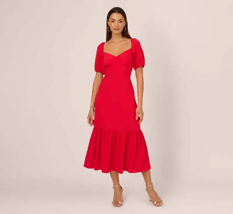 Pleated Women Dress with a Timeless and Elegant TexturePuff Sleeve Midi Dress With Flounce Hem In Scarlet