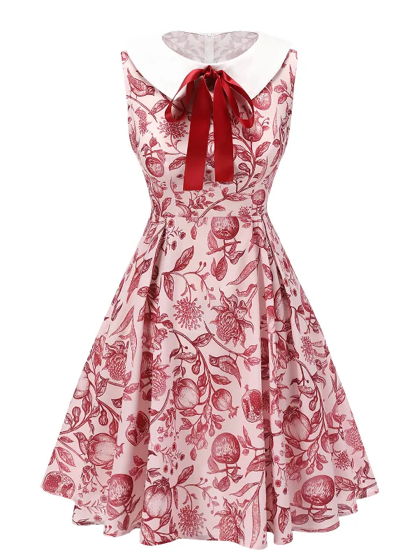 Empire Waist Women Dress to Accentuate the Bust and Conceal the WaistRed 1940s Floral Bow Lapel Sleeveless Dress