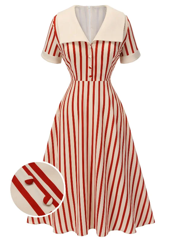 Sleeveless Women Dress in Bright Colors for Summer PartiesRed 1940s Lapel Vertical Stripes Dress