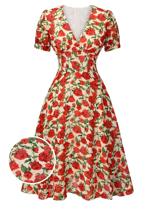 Mermaid - Style Women Dress with a Fitted Silhouette for Special OccasionsRed 1940s Rose V-Neck Swing Dress