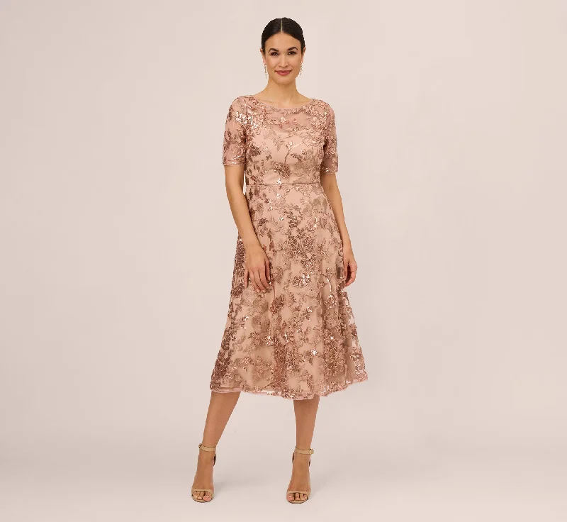 Lace - Embellished Women Dress for an Elegant and Sophisticated AppearanceSequin Embroidered Midi Dress With Sheer Short Sleeves In Almondine