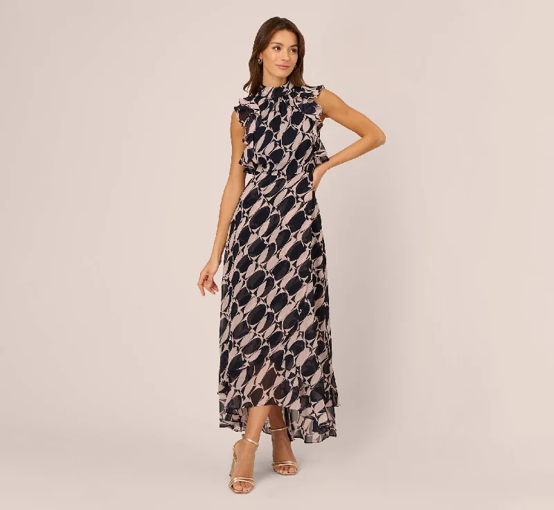 Lace - Embellished Women Dress for an Elegant and Sophisticated AppearanceSleeveless Printed Maxi Dress With Ruffle Trim In Navy Blush