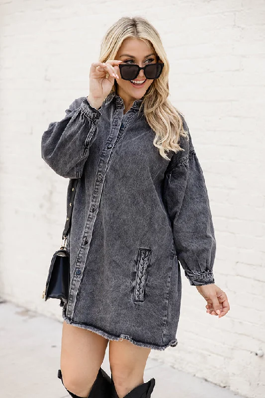 Sleeveless Women Dress in Bright Colors for Summer PartiesStart Looking Charcoal Chambray Long Sleeve Mini Dress FINAL SALE