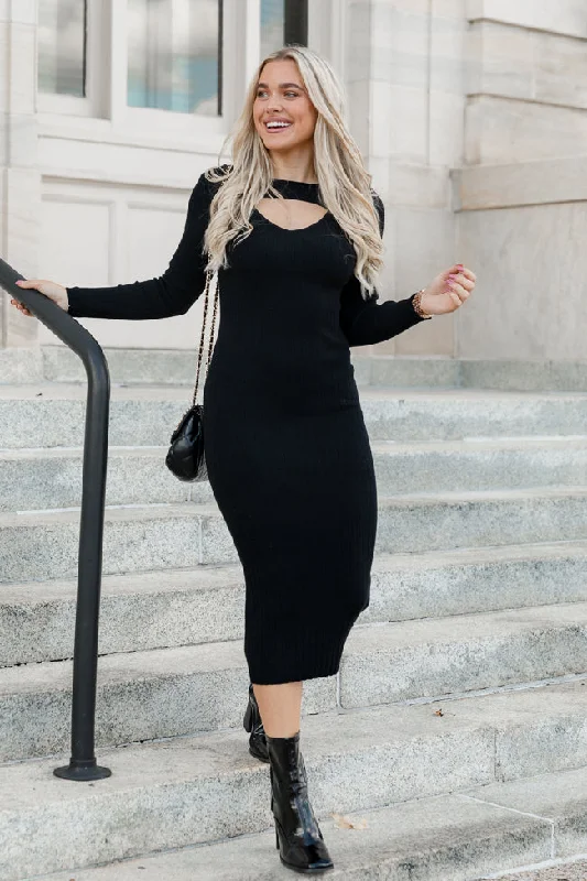 Ruffled Women Dress with Multiple Layers for a Playful and Girly StyleStill Night Black Long Sleeve Midi Dress FINAL SALE