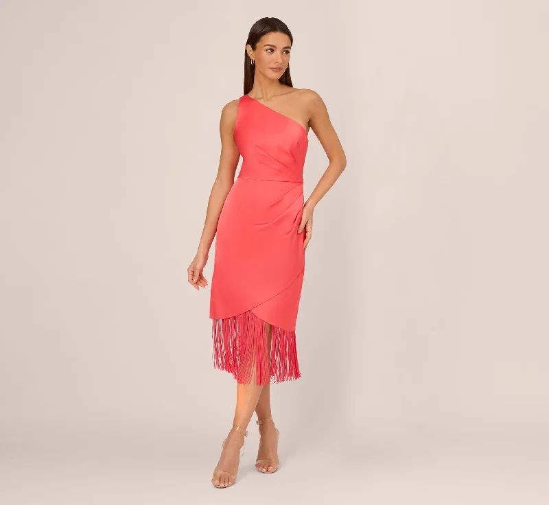 Long - Sleeve Women Dress in Velvet for a Luxurious Winter LookStretch Satin One Shoulder Midi Dress With Fringe Skirt In Spicy Coral