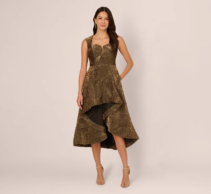 Backless Women Dress for a Sexy and Alluring Look at Evening EventsTextured Jacquard High Low Dress With Notched Neck In Metallic Gold