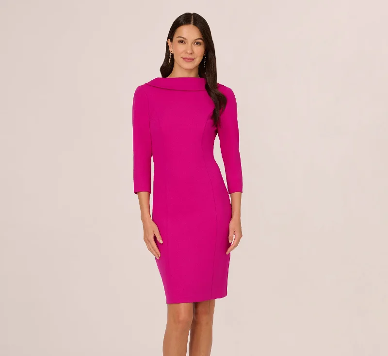 Halter Neck Women Dress to Show Off the Shoulders and NecklineThree Quarter Sleeve Crepe Midi Dress With Rolled Neck In Pink Flambe