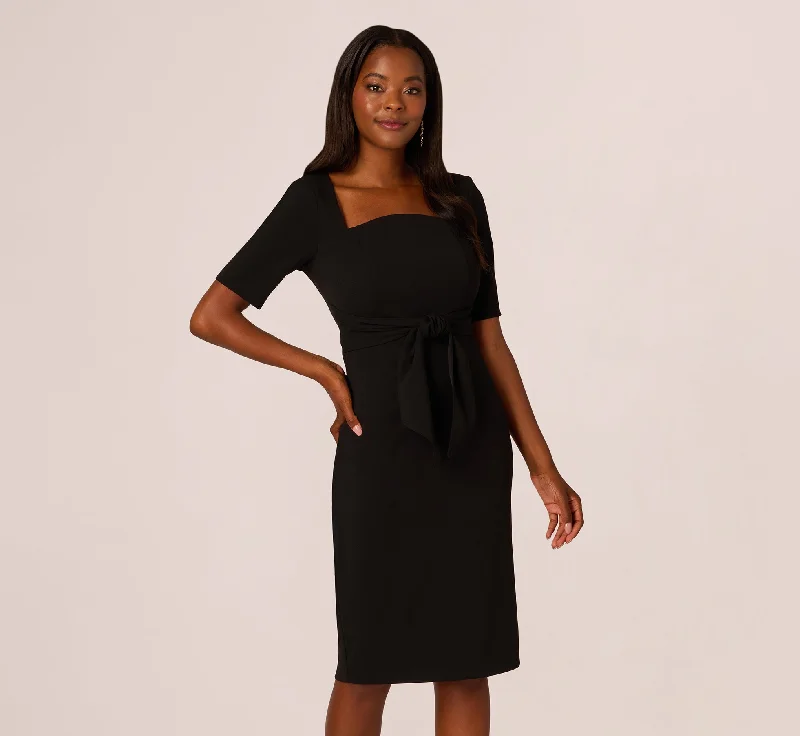 Plus Size Women Dress with a Flattering A - Line Cut for Comfort and StyleThree Quarter Sleeve Trapeze Dress With Ruffle Mock Neck In Black