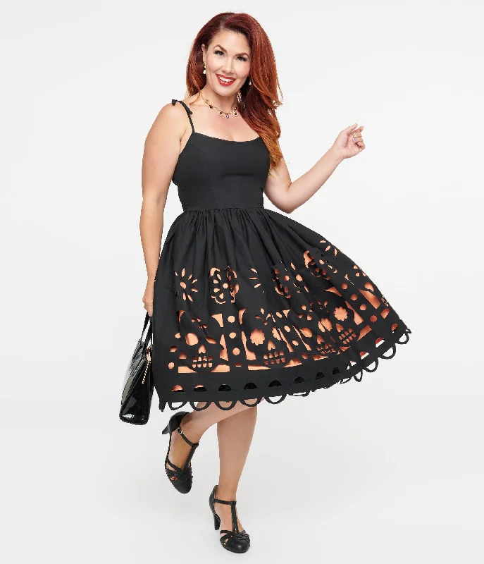 Mermaid - Style Women Dress with a Fitted Silhouette for Special OccasionsUnique Vintage 1950s Black & Orange Dia De Los Muertos Cutout Bobbie Swing Dress