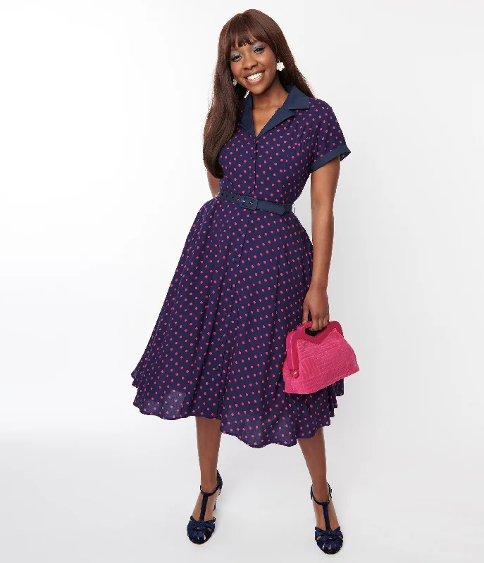 Mini Women Dress with a Short Hem for a Young and Trendy StyleUnique Vintage Navy & Hot Pink Dot Alexis Swing Dress