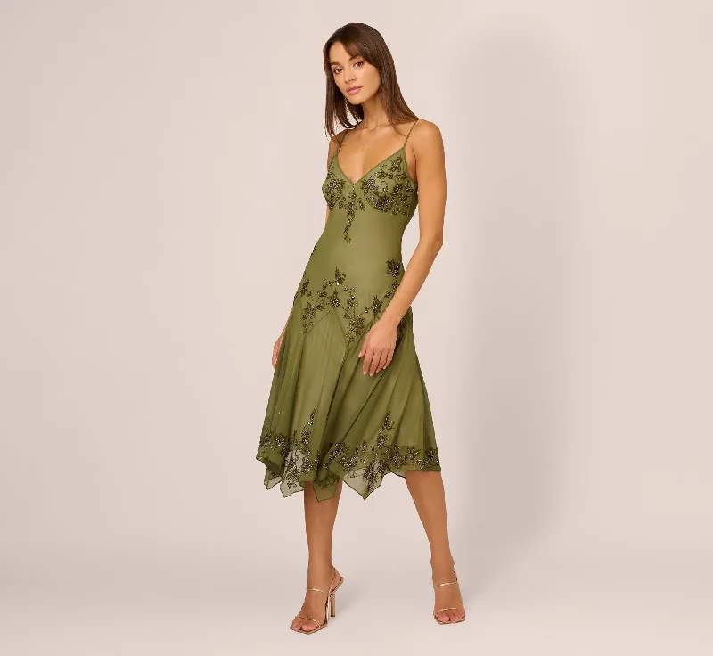 Long - Sleeve Women Dress in Velvet for a Luxurious Winter LookVintage Beaded Midi Fairy Dress With Sharkbite Hem In Olive