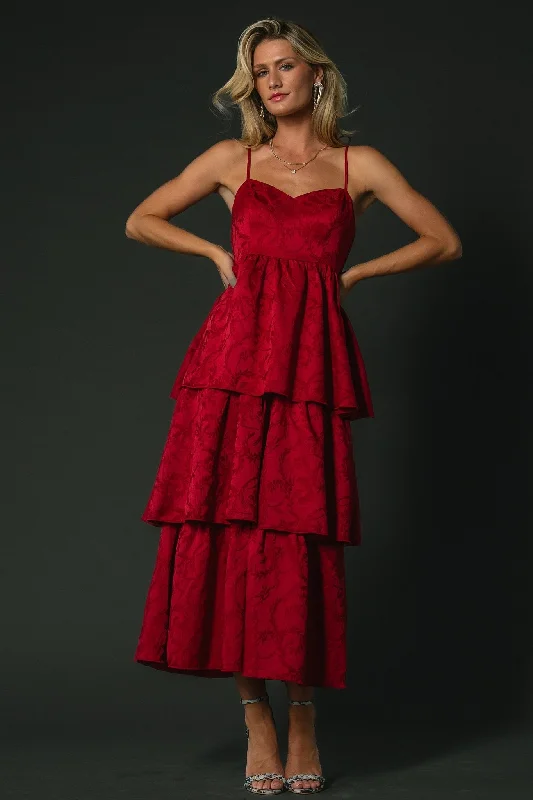 Backless Women Dress for a Sexy and Alluring Look at Evening EventsVioletta Embossed Tiered Dress | Deep Red