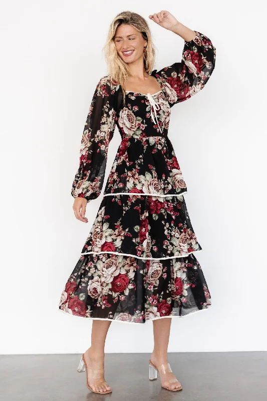 Ruffled Women Dress with Multiple Layers for a Playful and Girly StyleViviana Tiered Dress | Black Floral