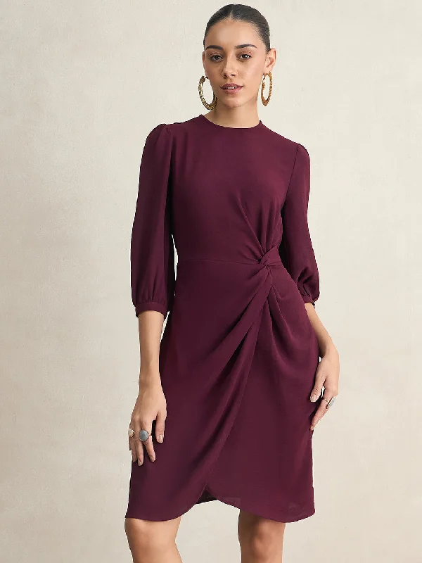 Shift Women Dress with a Simple and Classic Design for Everyday WearWine Knotted Knee Length Dress