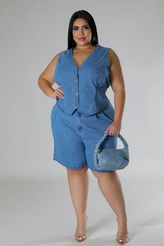 Denim Top for a Beachside Picnic with a Laid - Back StyleAzure Aurora Short Set