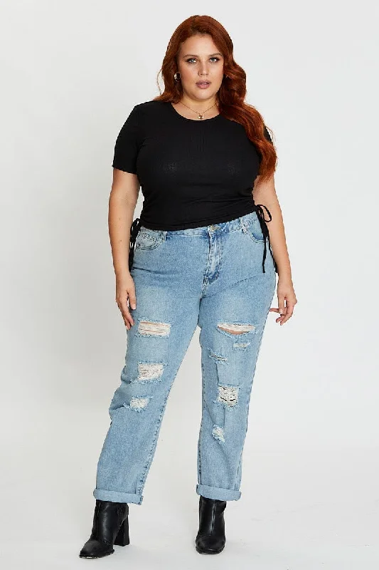 Ripped Denim Top for a Rebellious Fashion StatementBlue Mid Rise Boyfriend Denim Jeans