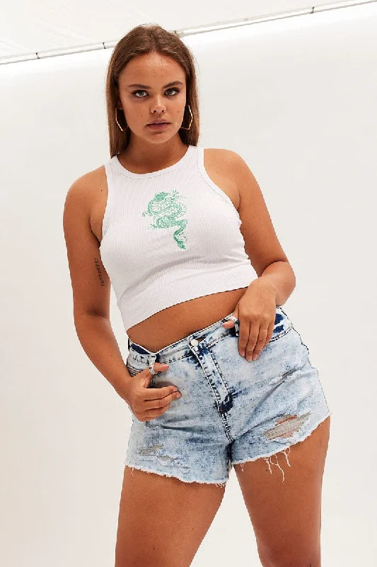 Denim Top with a Floral Print for a Feminine TouchBlue Skinny Denim Shorts Mid Rise