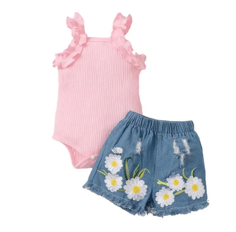 Denim Top with a Belted Waist for a Defined SilhouetteDaisy Ribbed Denim Set Pink