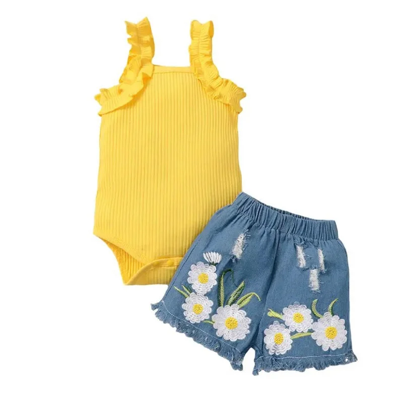 Button - Down Denim Top with a Classic DesignDaisy Ribbed Denim Set Yellow