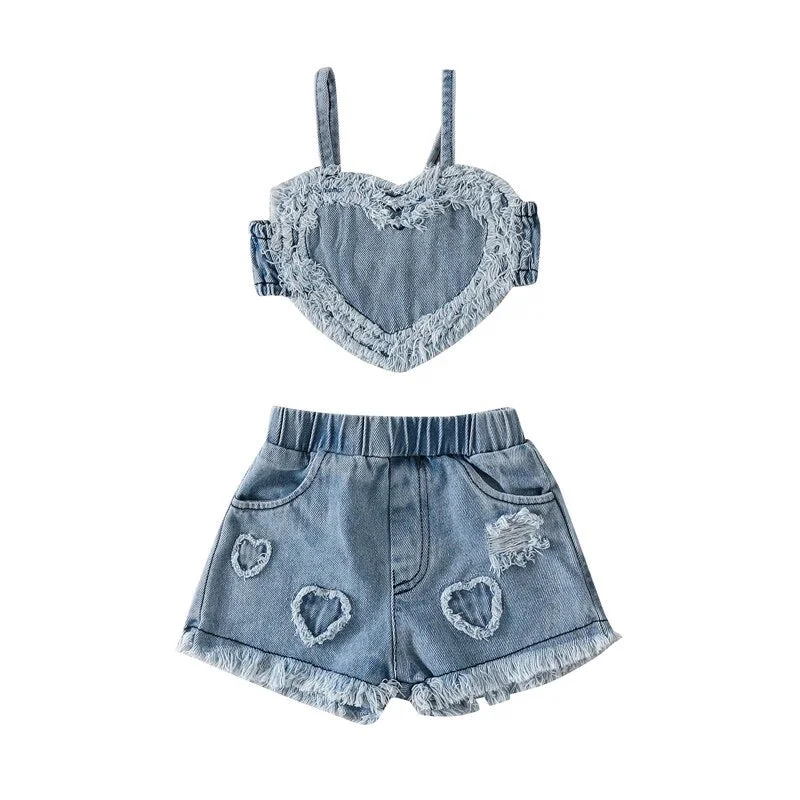 Denim Top with a Metallic Accent for a Shiny LookHeart Denim Set