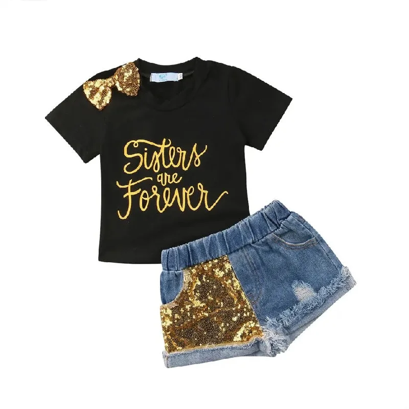 Distressed Denim Top for a Trendy and Edgy LookSisters Forever Denim Set