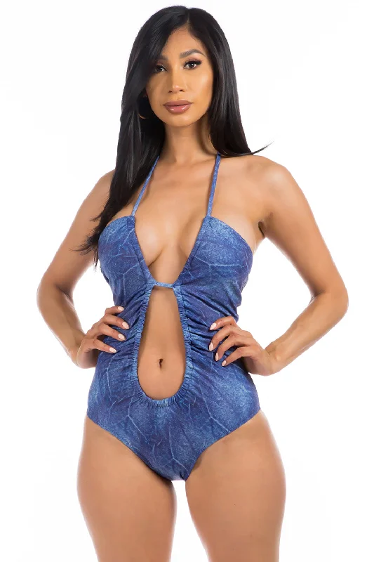 Button - Down Denim Top with a Classic DesignCut-Out Detail Denim Swimsuit