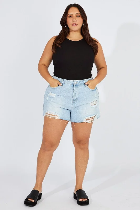 Denim Top for a Beachside Picnic with a Laid - Back StyleDenim Relaxed Shorts High Rise Distressed Hem