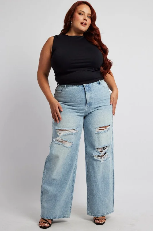 Distressed Denim Top for a Trendy and Edgy LookDenim Wide Leg Jeans High Rise