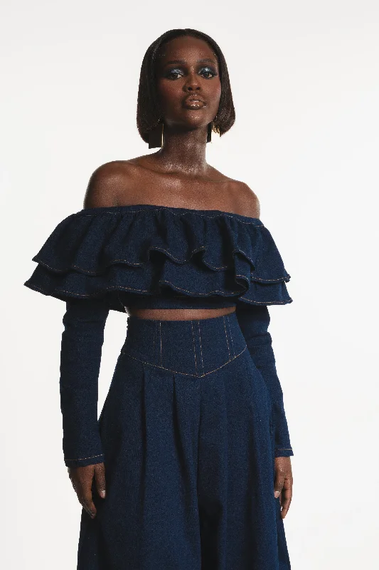 Oversized Denim Top for a Relaxed and Casual VibeDIJA Denim Ruffle Crop Top