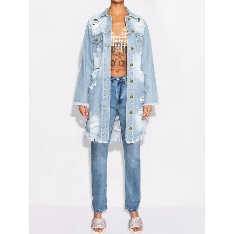 Plus - Size Denim Top for a Comfortable and Stylish FitFashion Long-Sleeved Ripped Hole Mid-Length Denim Jacket Wholesale Womens Clothing