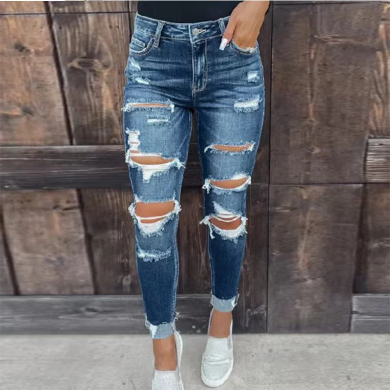 Oversized Denim Top for a Relaxed and Casual VibeFashion Stretch Hole Denim Small Foot Pants Wholesale Womens Clothing