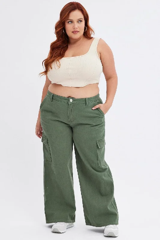 Button - Down Denim Top with a Classic DesignGreen Cargo Denim Jeans Mid Rise