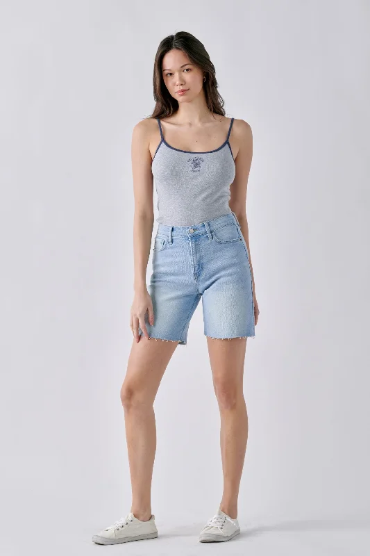 Denim Top with a Collared Neckline for a Preppy StyleHigh Rise Bermuda Shorts