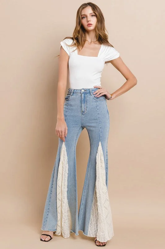 Denim Top for a Beachside Picnic with a Laid - Back StyleLACE DETAIL WIDE LEG JEANS