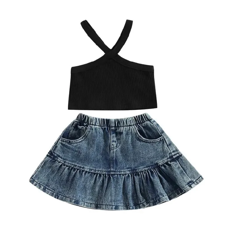 Cropped Denim Top to Pair with High - Waisted BottomsLala Denim Skirt Set Black