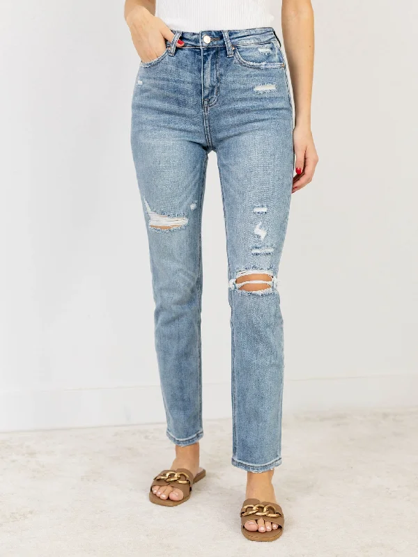 Distressed Denim Top for a Trendy and Edgy LookMICA Grenache Super High Rise Straight