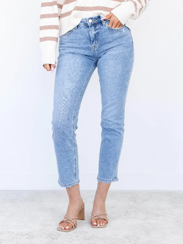 Denim Top with a Peplum Hem for a Flirty and Feminine LookMICA Sky Super High Rise Wedge Straight Leg