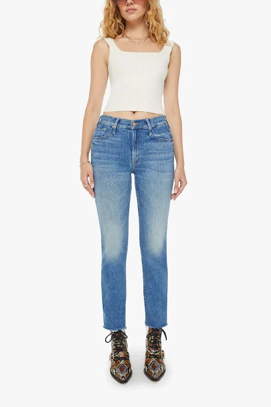 Dark - wash women jeans for a sophisticated and slimming effectMother The Mid Rise Rider Flood Fray Jean - Monkey in the Middle