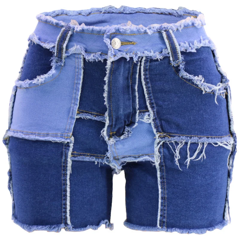 Denim Top with a Metallic Accent for a Shiny LookPatchwork High Elastic Denim Women'S Shorts Wholesale Womens Clothing N3823090500066