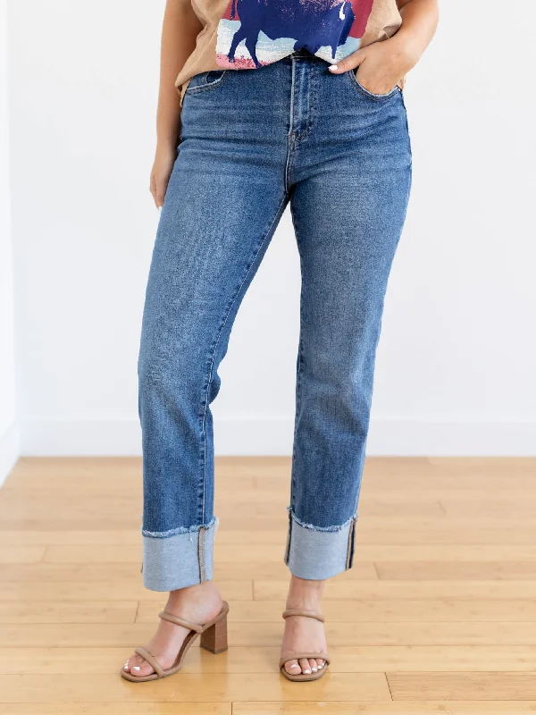 Embroidered Denim Top with Intricate PatternsRISEN Dark High Rise Cuffed Relaxed Jean