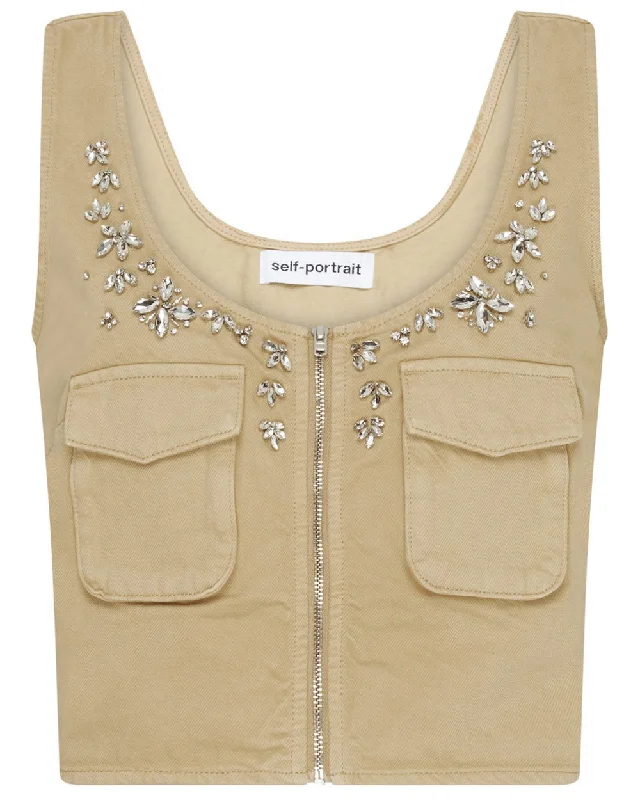 Denim Top for a Music Festival with a Rock - n - Roll VibeBeige Embellished Denim Cargo Top