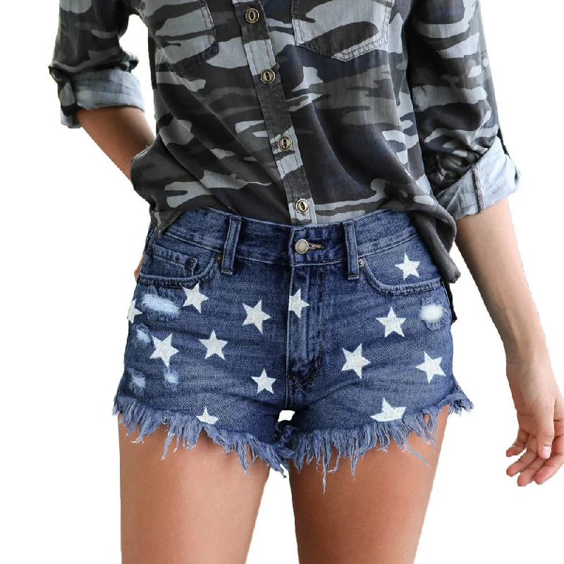 Denim Top with a Belted Waist for a Defined SilhouetteSexy Ripped Denim Shorts Star Print Wholesale Womens Clothing N3823090500065