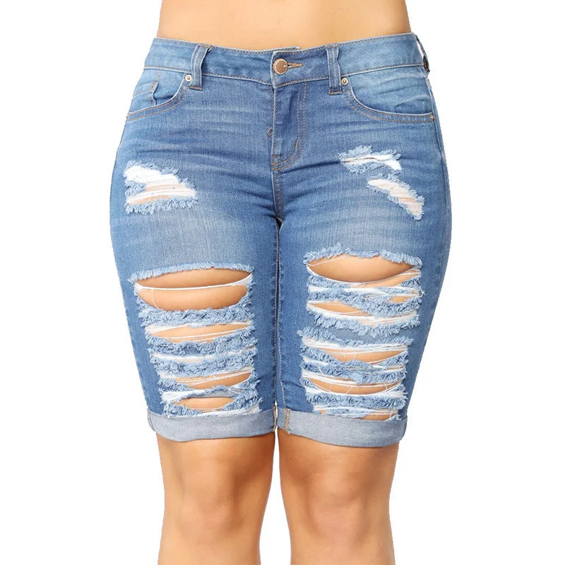 Washed - Out Denim Top for a Vintage AestheticSlim Fit Ripped Denim Shorts Wholesale Womens Clothing N3823090500058