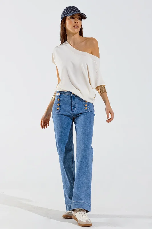 Distressed Denim Top for a Trendy and Edgy LookSTRAIGHT MARINE STYLE JEANS WITH GOLDEN BUTTONS DETAILS