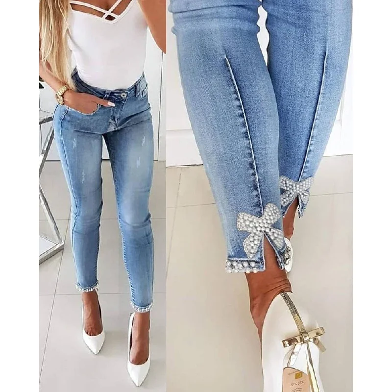 Plus - Size Denim Top for a Comfortable and Stylish FitTemperament Slim Butterfly Beaded Foot Opening Jeans Wholesale Womens Clothing