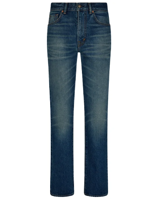 Denim Top with a Metallic Accent for a Shiny LookStone Washed Straight Jean in Mid Blue