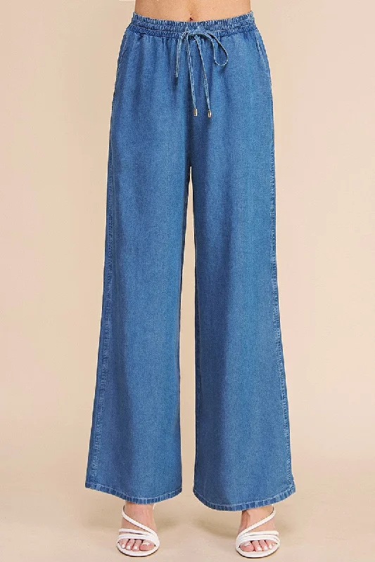 Denim Top with a Belted Waist for a Defined SilhouetteWashed Chambray Denim Wide Leg Pants