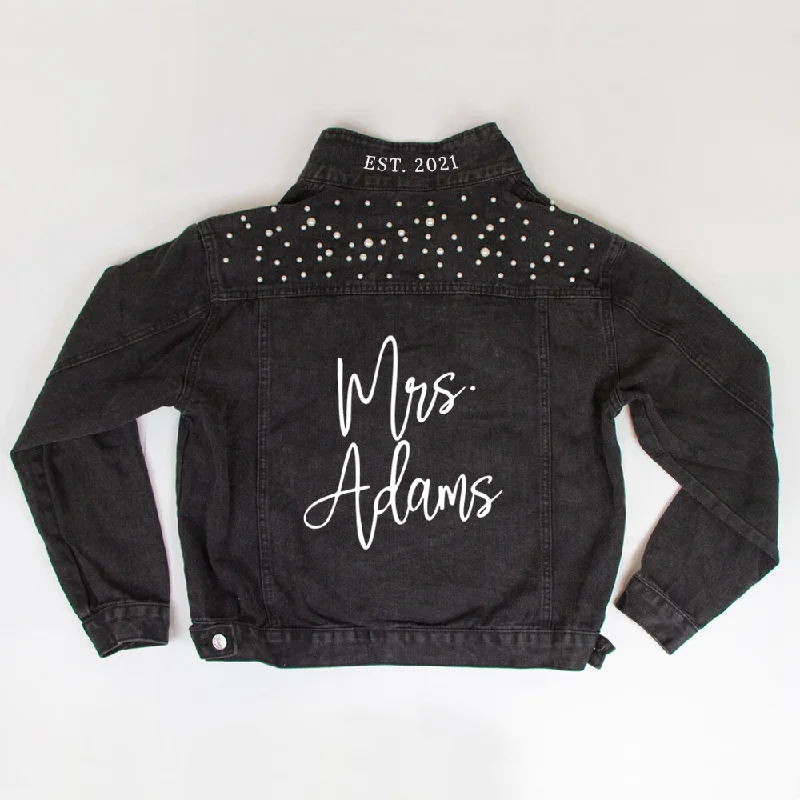 Cropped Denim Top to Pair with High - Waisted Bottoms(Black Pearl) Customized Mrs. Adams  Pearl Denim Jacket