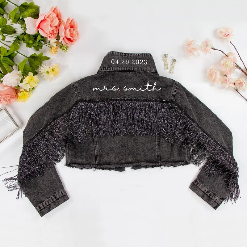 Washed - Out Denim Top for a Vintage Aesthetic(Black Fringe) Bachelorette Jean Jackets